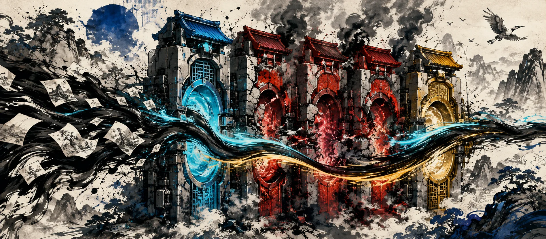 An ink stream continues past damaged red gateways through working cyan and gold gateways