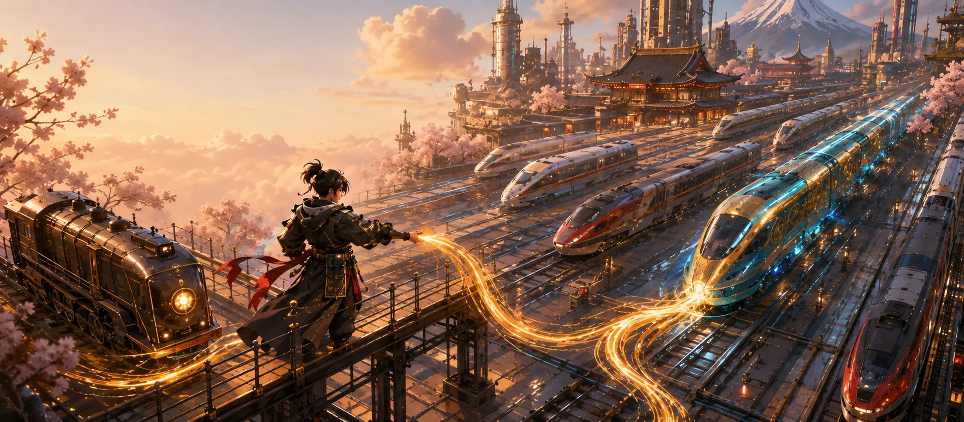 A cyber-samurai redirects a glowing route from an older train to a new high-speed engine in a futuristic Japanese rail yard