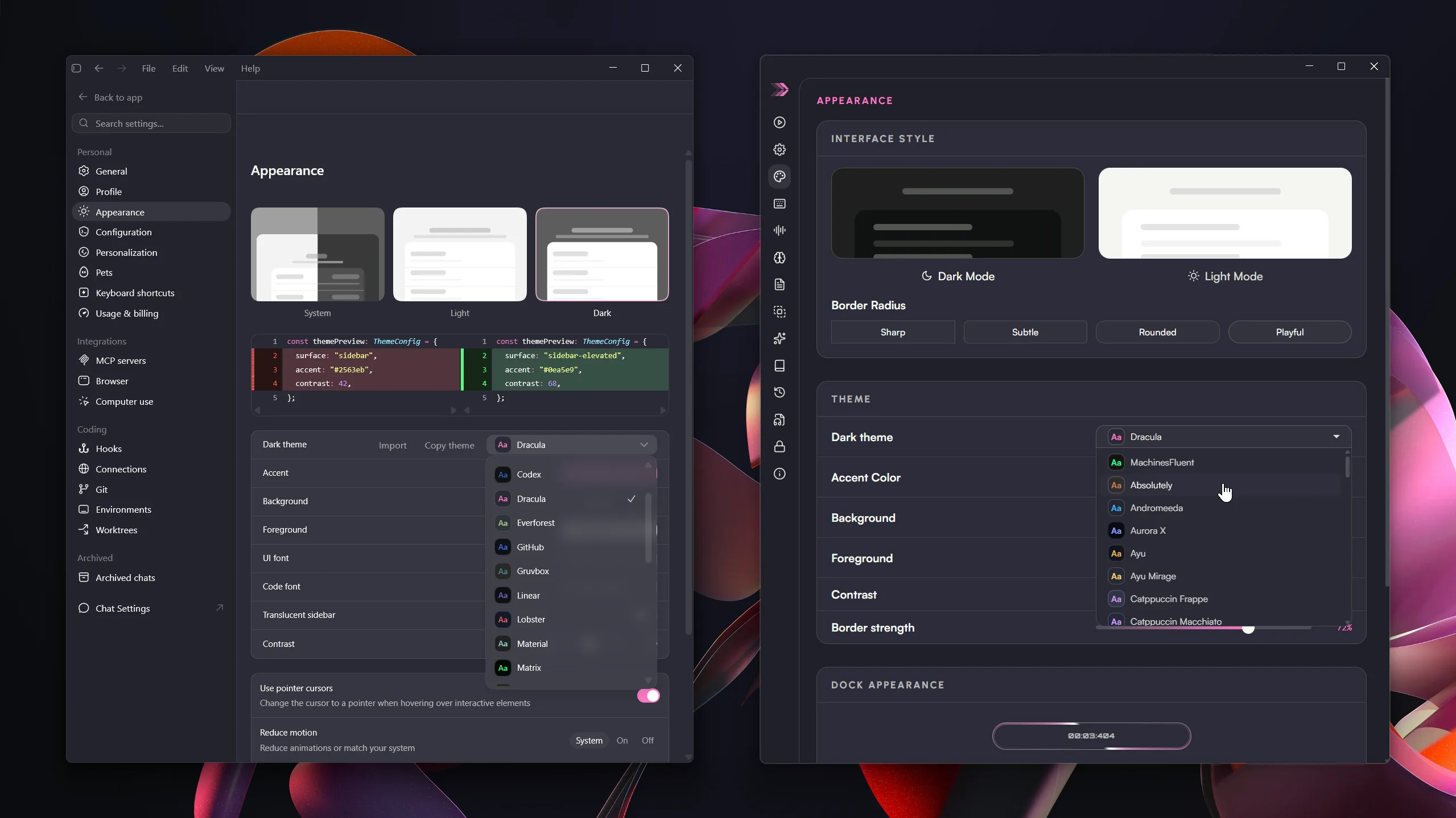 Codex Appearance settings beside MachinesFluent theme selection and customization controls