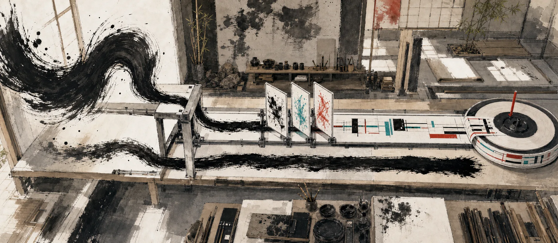 Ink workshop routing raw dictation past three Prompt Context plates into structured output and History