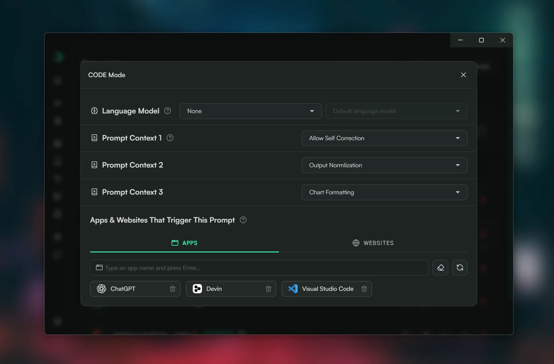Smart Dictation prompt configuration with three ordered Prompt Context slots and application triggers