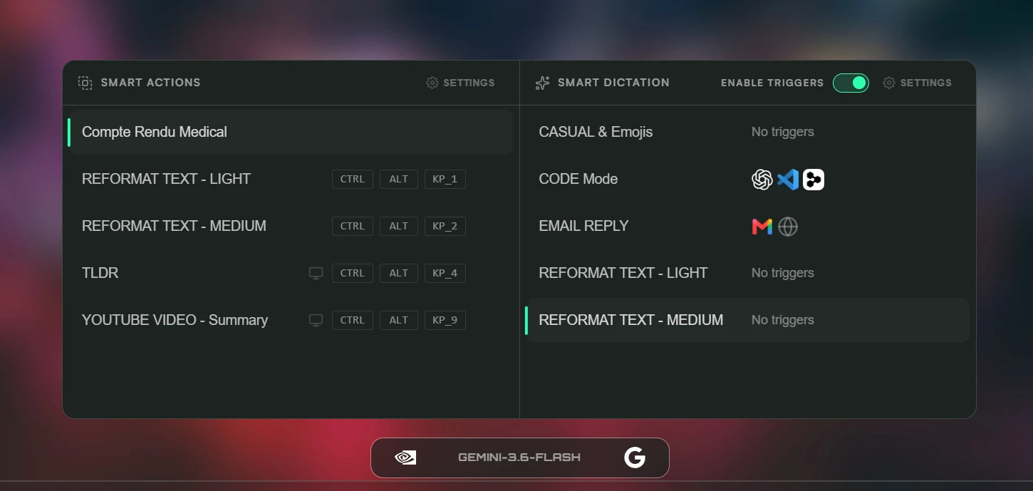 Smart Dictation menu showing prompts with application and website trigger indicators
