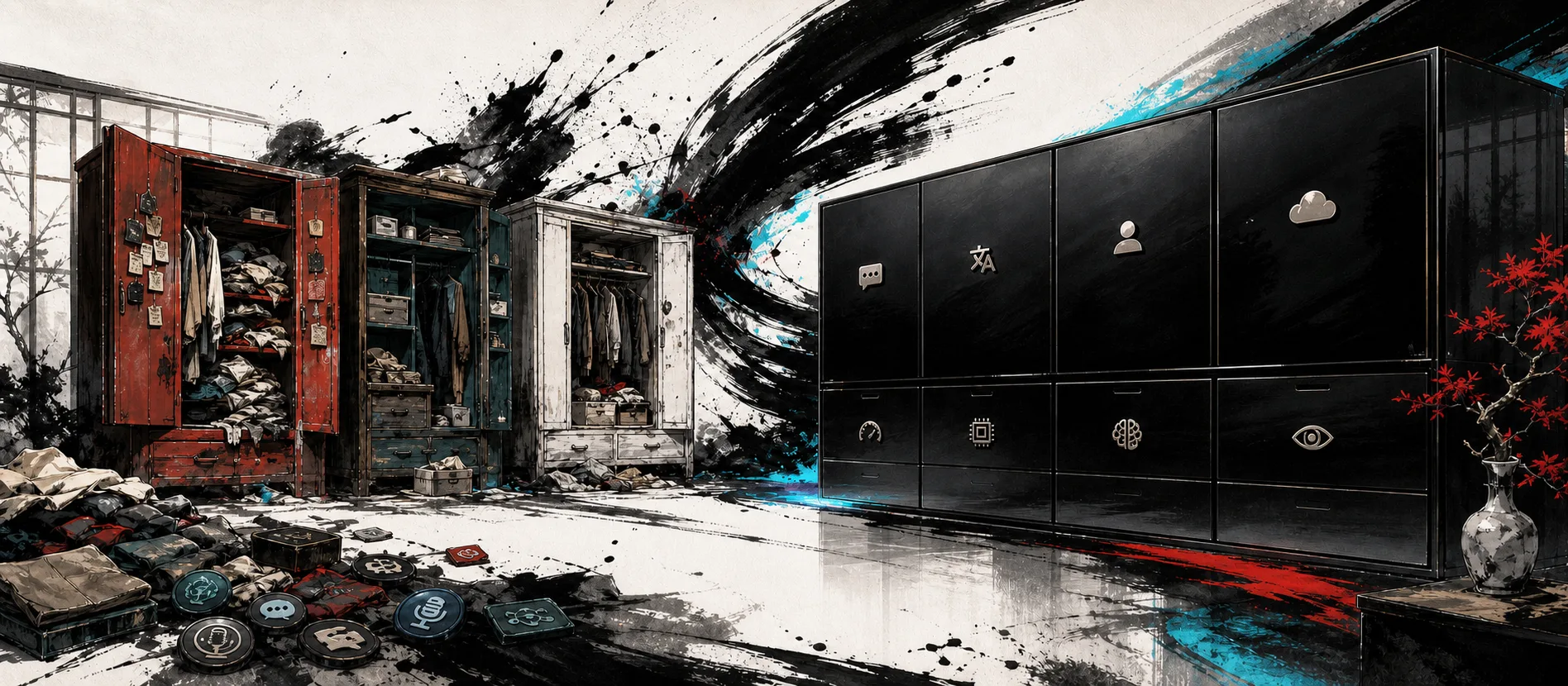 Three cluttered wardrobes becoming one organized model cabinet with capability icons