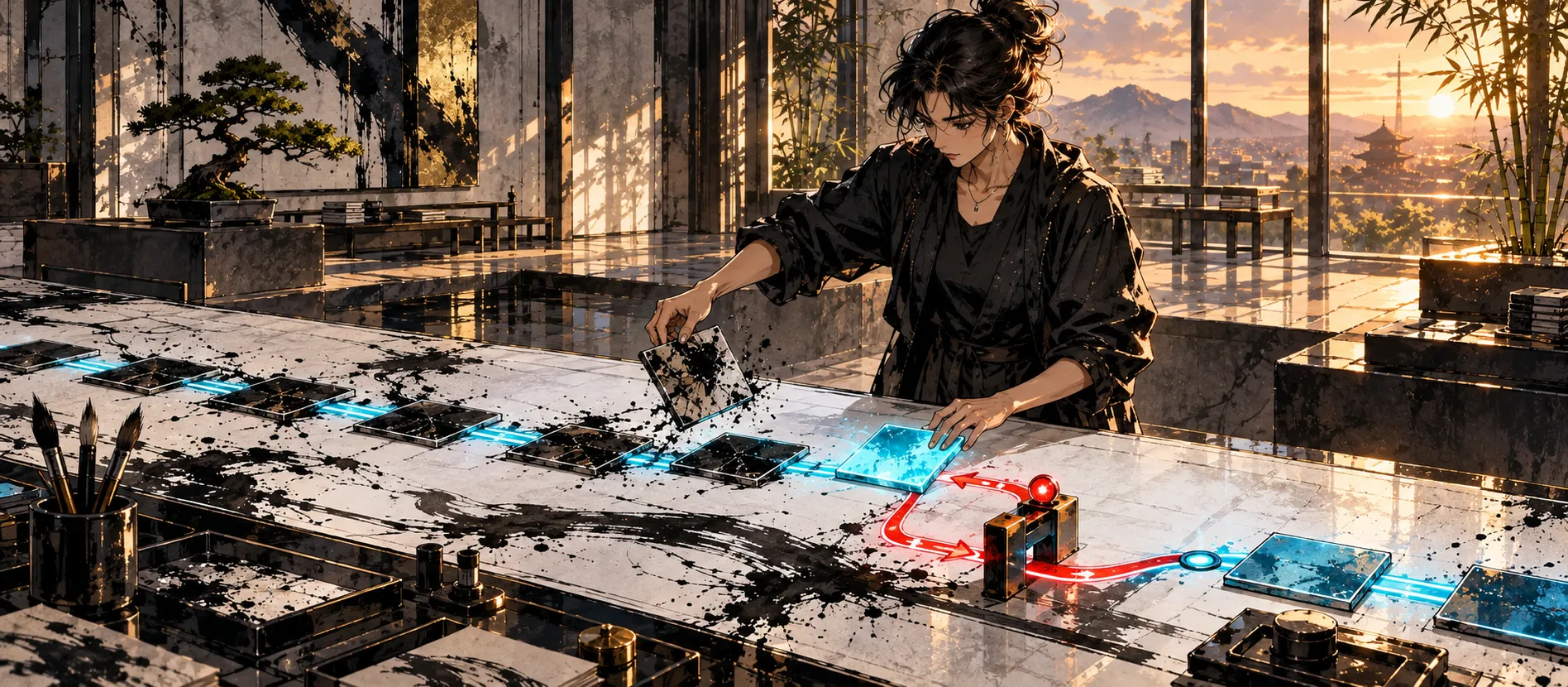 A woman replaces an ink-covered tile with a glowing cyan correction beside a red voice-routing path in a Japanese studio